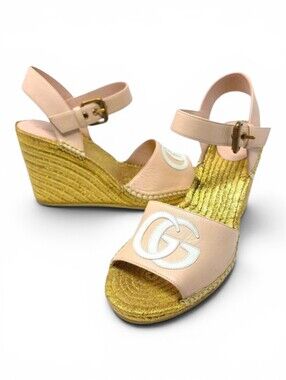 Gucci Platform GG Logo Pink Gold Espadrille Wedge Sandals IT 39 US 9 658629